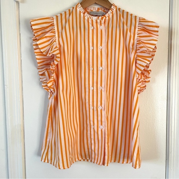 Anthropologie Harshman Striped Ruffle Short Sleeve Top Orange White Cotton M - Picture 4 of 8